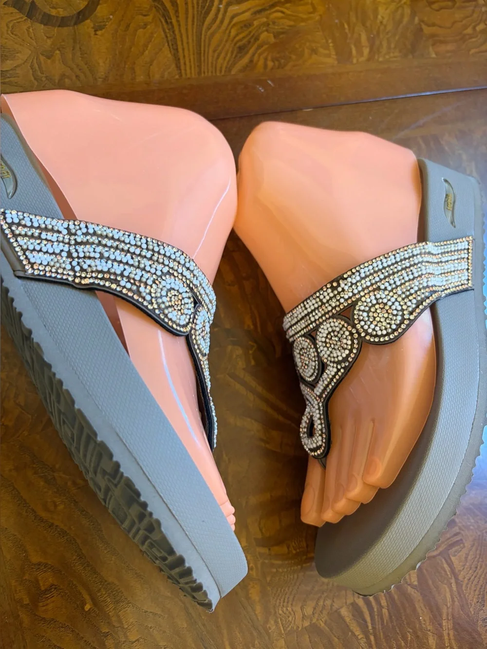 Skechers Taupe Wedge Thong Sandals with Gold Rhinestone Accents